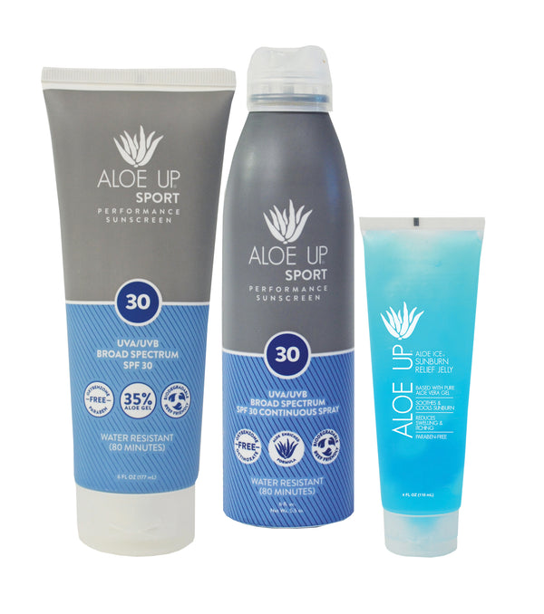 Aloe Up Sport Kit including Performance Sunscreen Lotion, Performance Sunscreen Mist,  and Performance Aftersun Relief